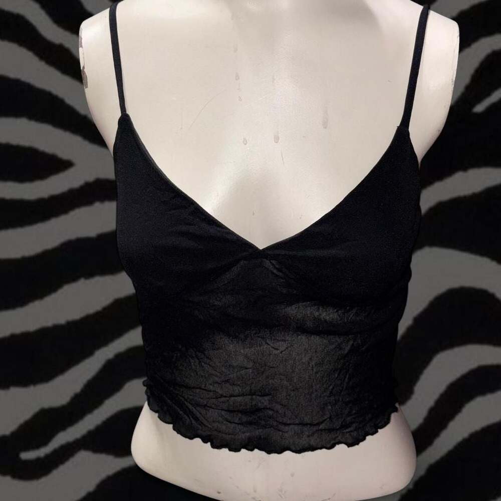 Trendy Queen Black Mesh Cami Top - Sheer Grunge Crop Top Lettuce Edge Hem